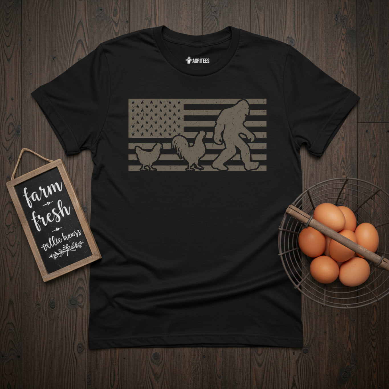 Chicken Following Bigfoot. Funny Sasquatch USA Flag T-Shirt