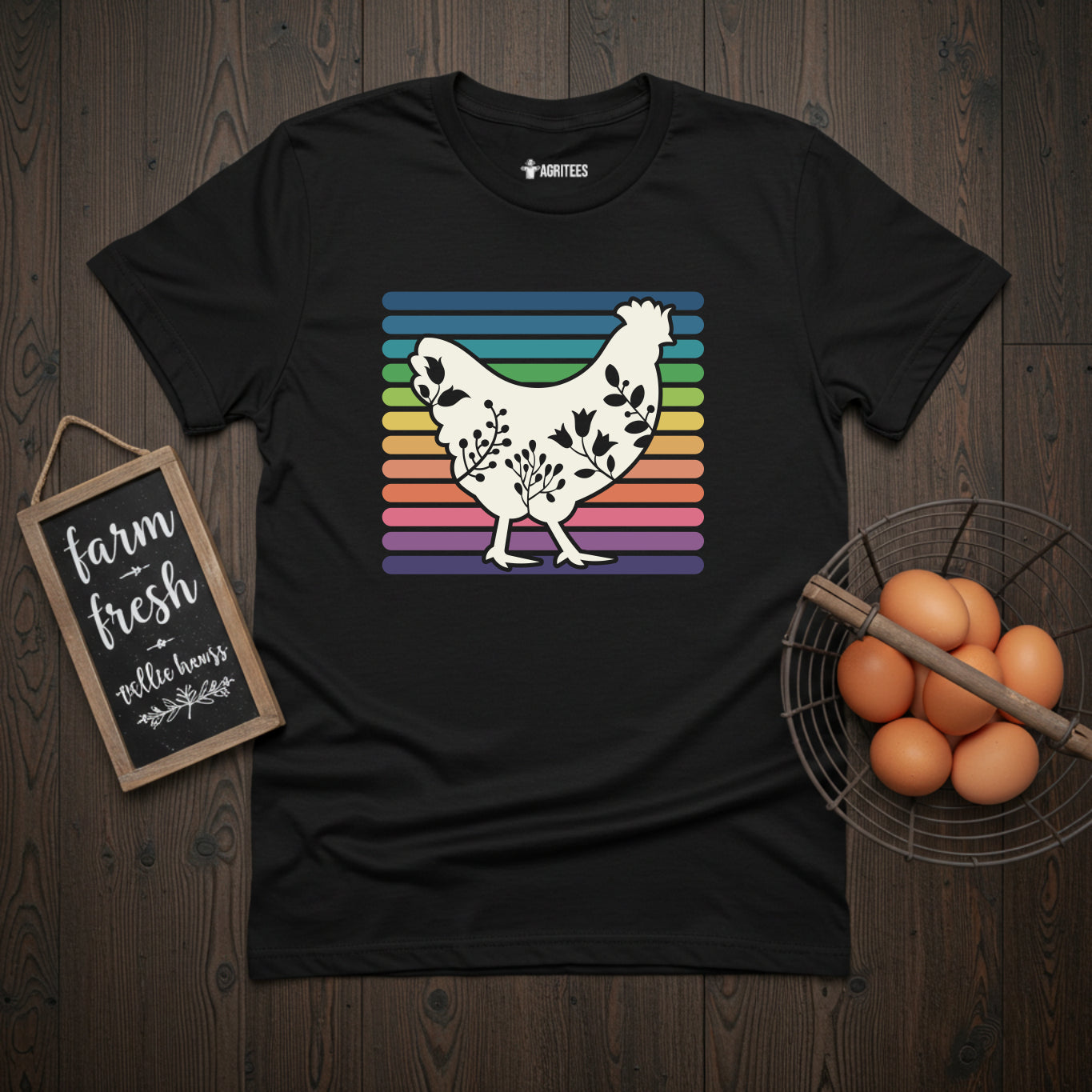 Floral Hen With Rainbow Stripes T-Shirt