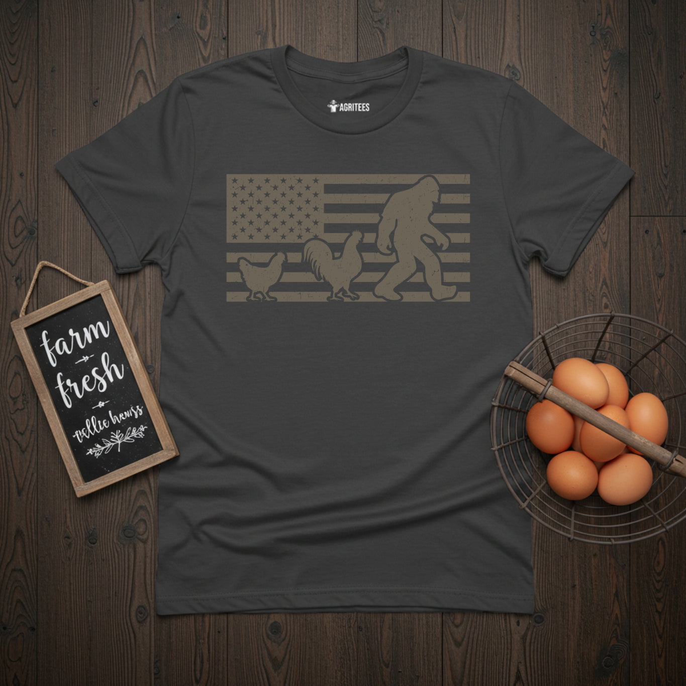 Chicken Following Bigfoot. Funny Sasquatch USA Flag T-Shirt