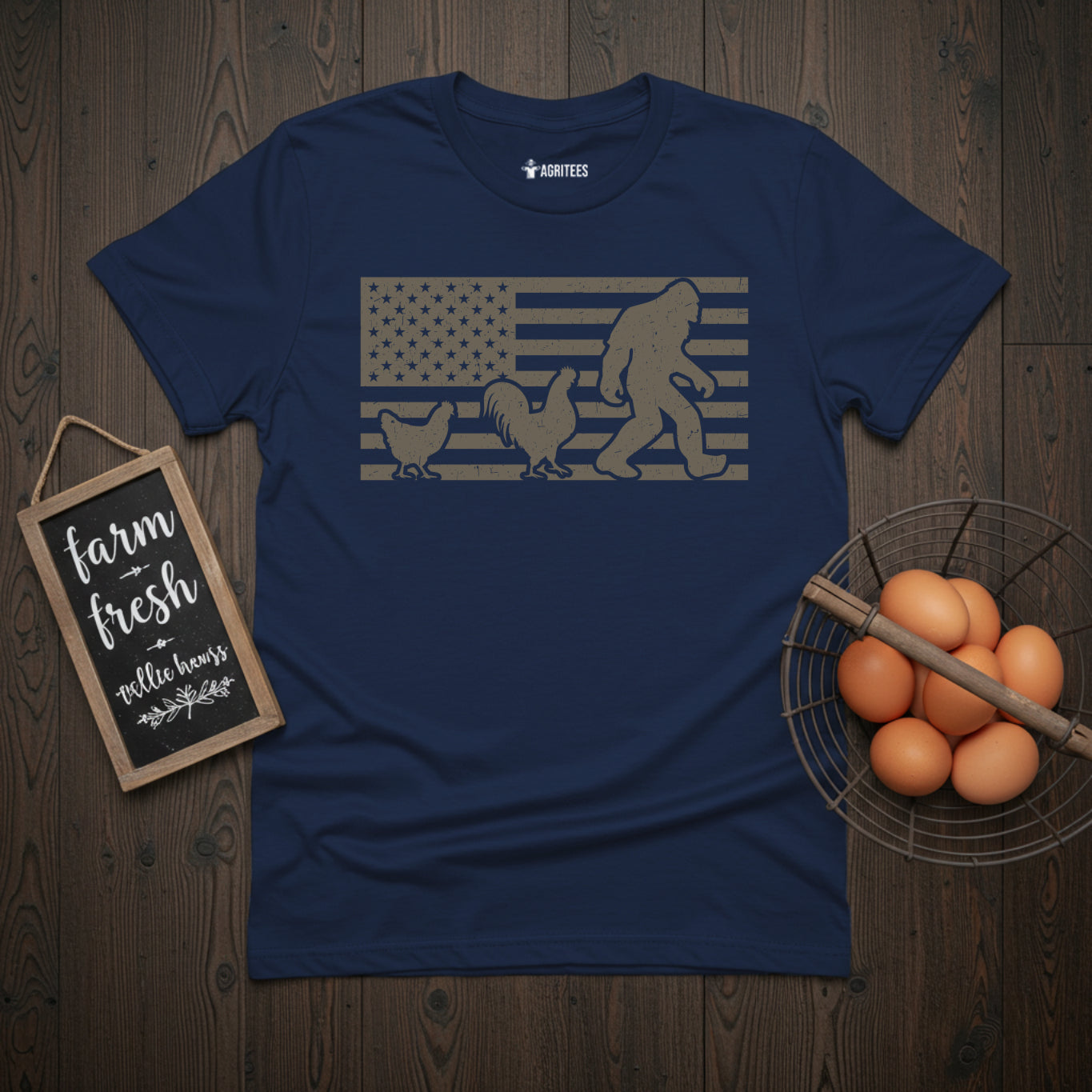 Chicken Following Bigfoot. Funny Sasquatch USA Flag T-Shirt