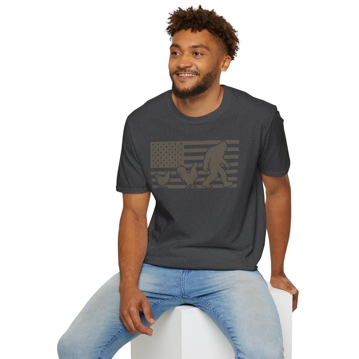 Chicken Following Bigfoot. Funny Sasquatch USA Flag T-Shirt