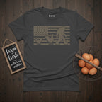 Chicken Following Bigfoot. Funny Sasquatch USA Flag T-Shirt